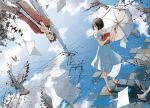  black_eyes black_hair cellphone cloud clouds dress flying_paper paper phone power_lines reflection selina short_hair sky umbrella water 