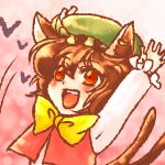  animal_ears arms_up bad_id bowtie brown_hair cat_ears cat_tail chen discharge_cycle earrings happy hat jewelry multiple_tails open_mouth outstretched_arms promotions short_hair single_earring smile tail touhou 