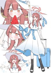  1girl absurdres aru_(blue_archive) black_boots black_nails blue_archive blush boots commentary_request demon_girl demon_horns denden_(denden_kotatumuri) dress food halo hand_up hat highres holding holding_food holding_suitcase horns long_hair nail_polish outstretched_arms red_hair red_halo rolling_suitcase short_sleeves spread_arms suitcase sun_hat sundress toenail_polish toenails toes white_dress white_hat yellow_eyes 