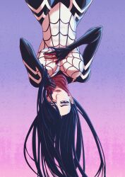  1girl absurdres black_eyes black_hair bleach bodysuit breasts commentary cosplay gradient_background hand_in_own_hair hand_on_own_chest highres impossible_bodysuit impossible_clothes large_breasts long_hair marvel mask mask_pull mouth_mask no_teeth open_mouth purple_background red_mask silk_(marvel) silk_(marvel)_(cosplay) smile solo sonzhondaya spider-man_(series) superhero_costume unohana_retsu upside-down very_long_hair 
