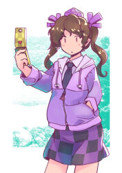  1girl black_necktie black_skirt brown_hair cellphone checkered_clothes checkered_skirt collared_shirt commentary_request flip_phone hand_in_pocket hat himekaidou_hatate holding holding_phone hood hoodie long_hair long_sleeves necktie phone pointy_ears purple_hat purple_hoodie purple_skirt rangycrow shirt skirt solo tokin_hat touhou twintails two-tone_skirt |_| 