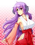  detached_sleeves hanyuu higurashi_no_naku_koro_ni japanese_clothes kobadai long_hair miko purple_eyes purple_hair sideboob violet_eyes 