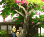  black_hair building child closed_eyes flower hair_up japanese_clothes kimono multiple_girls nature obi original outstretched_hand pekomi tree wide_sleeves 