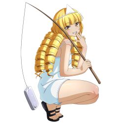  1girl bare_legs black_sandals blonde_hair blunt_bangs breasts brown_eyes dress drill_hair feet fishing_rod from_side game_asset grin hand_to_own_mouth holding holding_fishing_rod ikkitousen ikkitousen_extra_burst konnyaku_(food) long_hair looking_at_viewer minamoto_kurou_yoshitsune_(ikkitousen) non-web_source official_art sandals self-datamine simple_background small_breasts smile solo spaghetti_strap squatting strap_slip toes transparent_background triangular_headpiece variant_set white_dress 