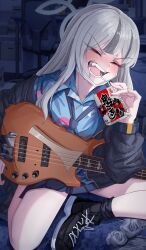  alcohol_carton bass_guitar black_jacket black_shoes black_skirt black_socks blue_archive blue_shirt blush closed_eyes drink_carton drinking_straw floral_print floral_print_shirt grey_hair grey_halo halo hawaiian_shirt highres holding holding_drink_carton indoors instrument jacket konoka_(blue_archive) long_hair long_sleeves mask mask_pull mouth_mask necktie ni_ketsu open_clothes open_jacket open_mouth pleated_skirt print_shirt shirt shoes sitting skirt sneakers socks surgical_mask white_mask 