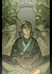  1017gomo9 1boy asymmetrical_bangs black_eyeliner blonde_hair blue_eyes closed_mouth deidara_(naruto) eyeliner fishnet_top fishnets forehead_protector green_kimono hair_over_one_eye highres japanese_clothes kimono long_hair looking_up low_ponytail makeup male_focus naruto_(series) naruto_shippuuden pants ponytail sandals serious solo statue white_pants 