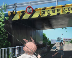  2girls absurdres aged_down animal_ears bandaid bandaid_on_cheek bandaid_on_face black_hair blue_shorts blue_sky bridge brown_hair bucket butterfly_net closed_eyes day fishing fishing_rod hair_between_eyes hair_ornament hairclip hand_net highres holding holding_bucket holding_butterfly_net holding_fishing_rod horse_ears horse_girl horse_tail multiple_girls narita_taishin_(umamusume) ocean open_mouth outdoors sasami_oishine shirt shoes short_hair short_sleeves shorts sky smile swept_bangs tail umamusume water white_shirt winning_ticket_(umamusume) 