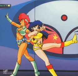  80s \m/ blue_hair boots dark_skin dirty_pair dirty_pair_flash gloves gun happy headband kei_(dirty_pair) long_hair midriff multiple_girls official_art oldschool red_hair redhead short_hair short_shorts shorts weapon wink yuri_(dirty_pair) 