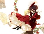  1girl black_hair blonde_hair carrying character_request copyright_request couple dress flower green_eyes high_heels miyu_(matsunohara) newspaper princess_carry red_eyes red_rose rose scarf shoes slip_skirt wavy_hair 