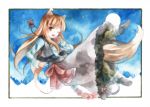  animal_ears apple bad_id brown_eyes brown_hair dress food fruit holo horo kaiso2011 long_hair pouch solo spice_and_wolf tail wink wolf_ears wolf_tail 
