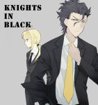  1boy 1girl ahoge black_hair blonde_hair fate/stay_night fate/zero fate_(series) formal green_eyes lancer_(fate/zero) mole necktie pant_suit piyak22 ponytail saber short_hair simple_background suit yellow_eyes 