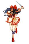  ainu_clothes blue_hair bow capcom_vs_snk capcom_vs_snk_2 hair_bow highres japanese_clothes long_hair mouth_hold nakoruru nishimura_kinu official_art reverse_grip samurai_spirits scabbard sheath short_sword snk solo sword traditional_clothes weapon white_background 