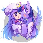  &gt;_o 1girl ;d cheek-to-cheek crossover hat horn hug long_hair looking_at_viewer mob_cap my_little_pony my_little_pony_friendship_is_magic one_eye_closed open_mouth patchouli_knowledge pony purple_hair smile touhou twilight_sparkle violet_eyes xin_yu_hua_yin 