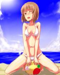  ball beach bikini blush brown_hair clearite hagiwara_yukiho highres idolmaster ocean short_hair sitting sky solo straddle swimsuit white_bikini wink 