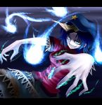  blue_eyes blue_hair breasts chinese_clothes dress fingernails glowing grin hat highres jiangshi letterboxed miyako_yoshika nail nail_polish ofuda outstretched_arms rion_(glayjirobass) ship_teerh short_hair smile solo spirit star touhou zombie_pose 