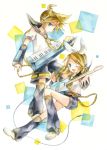  1girl bad_id blonde_hair blue_eyes brother_and_sister electric_guitar guitar hair_ornament hairclip headset highres instrument kagamine_len kagamine_rin kaiso2011 keyboard_(instrument) keytar short_hair siblings sling twins vocaloid wink 