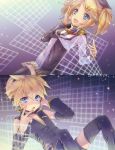  1girl alternate_hairstyle aqua_eyes blonde_hair brother_and_sister hair_ornament hairclip headphones kagamine_len kagamine_rin natsumi_yuu open_mouth project_diva project_diva_2nd short_hair short_twintails siblings skirt smile thigh-highs thighhighs twins twintails vocaloid zettai_ryouiki 