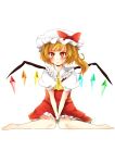  :t ascot bad_id bare_legs barefoot between_thighs blonde_hair blush crystal embarrassed flandre_scarlet frills hat hat_ribbon highres orange_eyes ribbon side_ponytail sitting solo the_embodiment_of_scarlet_devil thighs touhou v_arms wariza wings yrzirst 