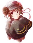  alternate_eye_color axis_powers_hetalia bad_id brown_hair cabbie_hat china_(hetalia) chinese_clothes double_bun flower from_above genderswap hair_bun hair_flower hair_ornament hat highres kinako_(goboshi) kneeling long_sleeves looking_at_viewer looking_up military military_uniform pants red_eyes rough sleeves_past_wrists slippers smile solo uniform white_background 