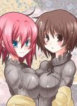 aqua_eyes beauty_mark breast_press breasts brown_eyes brown_hair copyright_request female large_breasts mole multiple_girls paopao pink_hair short_hair standing sweater symmetrical_docking yuri 
