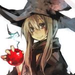  copyright_request female food fruit fujiwara_akina holding holding_apple holding_fruit long_hair lowres simple_background smile solo witch_hat 