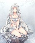  black_eyes bow breast_squeeze breasts cleavage grey_eyes highres lace large_breasts long_hair mirunai navel open_mouth original reflection solo very_long_hair white_hair 