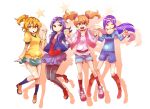  aono_miki apollo_1211 boots brown_eyes brown_hair contemporary fresh_precure! hairband hand_holding higashi_setsuna holding_hands loafers long_hair momozono_love multiple_girls one_side_up pantyhose precure purple_eyes purple_hair red_eyes scarf shirt shoes short_hair shorts side_ponytail skirt sleeves_rolled_up sneakers twintails v violet_eyes wink yamabuki_inori 