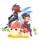  boots brown_eyes brown_hair cape chibi clover four-leaf_clover gloves kratos_aurion lloyd_irving male matsumoto_hakuya multiple_boys mushroom pants red_hair redhead sitting spiked_hair spiky_hair tales_of_(series) tales_of_symphonia 