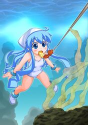  blue_eyes blue_hair boots fishing_line food hat highres ikamusume long_hair perspective shinryaku!_ikamusume shrimp shrimp_tempura tempura tentacle_hair underwater white_swimsuit 