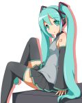  aqua_eyes aqua_hair cro detached_sleeves hatsune_miku long_hair simple_background sitting skirt solo thigh-highs thighhighs twintails very_long_hair vocaloid 