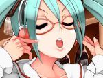  aqua_hair closed_eyes eyes_closed face glasses hatsune_miku headphones irodori_(irotoridori) irotoridori kocchi_muite_baby_(vocaloid) open_mouth project_diva project_diva_2nd solo twintails vocaloid 