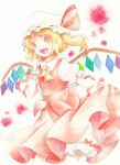  ascot blonde_hair bloomers dress fang flandre_scarlet hand_on_own_face hand_to_face hat index_finger_raised looking_at_viewer open_mouth raised_finger red_eyes ribbon short_hair side_ponytail simple_background skirt skirt_lift skirt_set smile solo the_embodiment_of_scarlet_devil touhou traditional_media waka waka_(978-4) watercolor_(medium) wings wrist_cuffs 