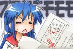  ahoge blue_hair gaketsu izumi_konata long_hair lucky_star partially_translated school_uniform serafuku sweat translation_request trembling 