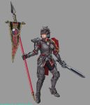  armor banner brown_eyes brown_hair full_armor gauntlets greaves helmet highres hildegard_von_krone lance lips mole mugensaku pauldron pauldrons polearm simple_background solo soul_calibur soul_calibur_iv soulcalibur soulcalibur_iv sword weapon wolf 