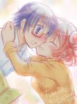  blue_eyes blue_hair blush book closed_eyes eyes_closed fukuda_fukutarou hidamari_sketch hiro hug multiple_girls open_mouth pink_hair sae short_hair smile surprised 