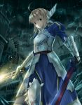  1girl adapted_costume ahoge armor arondight blonde_hair dual_wielding excalibur fate/stay_night fate_(series) gauntlets green_eyes hair_ribbon head_wings ribbon ryouku saber solo sword weapon 