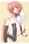  copyright_request female flat_chest hair_ornament hairclip legs miniskirt open_mouth paopao pink_hair red_eyes shirt shoes short_hair sitting skirt solo symbol-shaped_pupils 