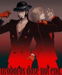  bad_id black_hair blonde_hair bowler_hat engrish facial_hair facial_mark formal gloves goatee hat jake_martinez lipstick makeup male multiple_boys necktie ouroboros ourobunny ranguage red_eyes sato_(vintage) sideburns suit tattoo tiger_&amp;_bunny 