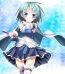  :q blue_eyes blue_hair boots cape frills gloves ina_(artist) mahou_shoujo_madoka_magica miki_sayaka outstretched_arm pleated_skirt short_hair skirt smile solo sword tongue weapon 