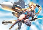  airplane bardiche blonde_hair breasts byeontae_jagga cloud dual_wielding energy_blade energy_sword fate_testarossa fighter_jet hair_ribbon henshako highres jet large_breasts leg_up legs leotard long_hair long_legs lyrical_nanoha mahou_shoujo_lyrical_nanoha mahou_shoujo_lyrical_nanoha_strikers military missile open_mouth plane red_eyes ribbon sky su-47_berkut sword thigh-highs thighhighs thighs twintails weapon 