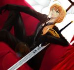  ahoge blonde_hair dutch_angle excalibur fate/stay_night fate/zero fate_(series) formal gloves green_eyes long_hair necktie pant_suit ponytail saber sitting solo suit sword weapon yuki_(nanao_yuki) 