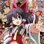  abs ascot black_eyes brown_hair detached_sleeves dragon_quest everyone frills gibuchoko hair_tubes hakurei_reimu izayoi_sakuya king_slime komeiji_koishi long_hair multiple_girls necktie open_mouth pointing smile touhou wink 