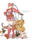  absurdres animal armor armored_dress blonde_hair blue_eyes boots bubble_gum bubblegum capcom felyne fish gun hat hermitaur_(armor) highres long_hair melynx monster monster_hunter sanzhuangwangcat simple_background weapon white_background 