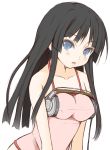 akiyama_mio black_hair blue_eyes blush breasts camisole collarbone halter_top halterneck headphones headphones_on_breasts highres k-on! long_hair naz open_mouth simple_background solo taut_shirt 