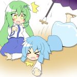  &gt;_&lt; blue_hair closed_eyes detached_sleeves eyes_closed frog green_hair hair_ornament kochiya_sanae long_hair multiple_girls open_mouth senba_chidori short_hair skirt snake tatara_kogasa touhou tripping umbrella yellow_eyes 