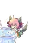  &gt;_&lt; animal_ears aya-0w0 bandage bandages bow cat_ears cat_tail chinese_clothes cuffs cup flower ibara_kasen ibaraki_kasen ice_cube kemonomimi_mode pink_hair pink_rose rose shackle short_hair skirt solo straw tail tongue touhou 