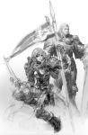  1girl armor banner beard facial_hair full_armor gauntlets headwear_removed helmet helmet_off helmet_removed highres hildegard_von_krone lance lips long_hair mole monochrome official_art pauldron pauldrons polearm scabbard scar sheath siegfried_schtauffen sketch soul_calibur soul_calibur_v soulcalibur soulcalibur_v sword weapon 