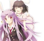  animal_ears bunny_ears buttons carrot closed_eyes crescent_moon dress eyes_closed glomp hug inaba_tewi jewelry moon necklace necktie noukatu purple_hair red_eyes reisen_udongein_inaba surprised touhou 