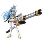  1girl android antenna_hair blue_hair forehead_protector gatling_gun gun high_heels huge_weapon kos-mos long_hair mismatched_legwear red_eyes robot_ears shoes single_kneehigh single_thighhigh solo thigh_strap weapon xenosaga 