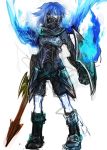  blue_hair breastplate copyright_request corset fire fujiwara_akina mask shield short_hair solo sword weapon wings 